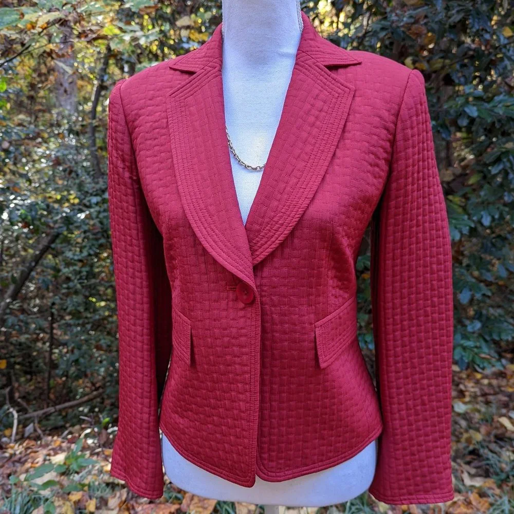 ELLEN TRACY Silk Wool Quilted Suit Jacket Blazer Red Size 8 - Picture 1 of 10